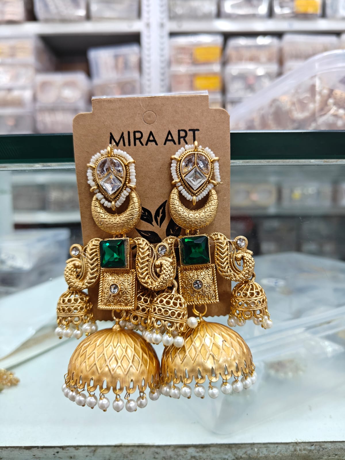Emerald Peacock Triple-Drop Jhumkas